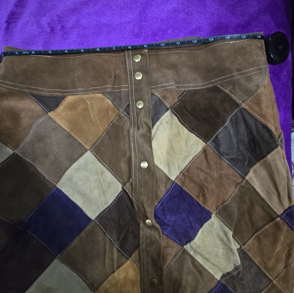Patchwork Suede Skirt with Button Front 70s Vinta… - image 2